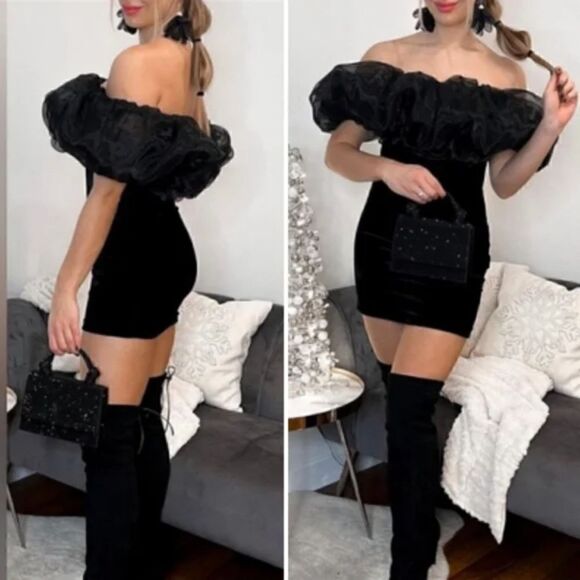 ZARA VELVET VOLUMINOUS PUFF SLEEVE MINI DRESS NWT - Picture 4 of 16